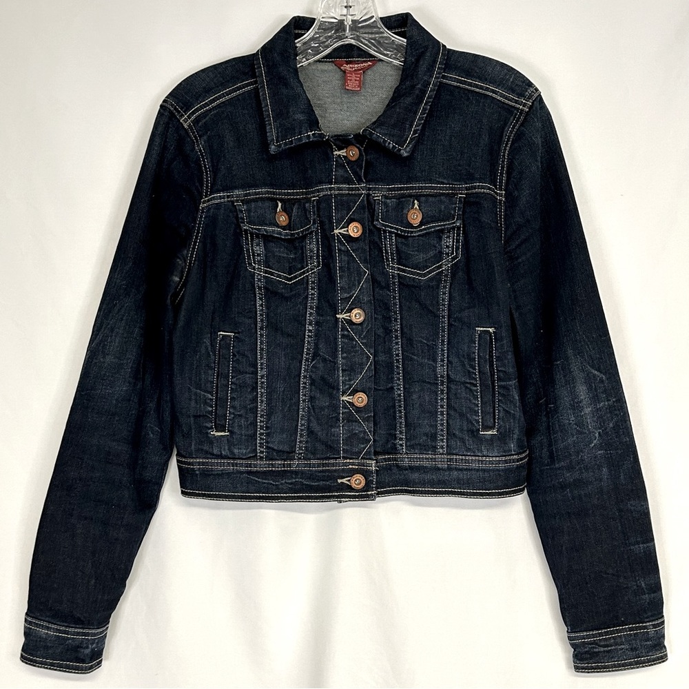 Arizona Jean Co. Womens Denim Jean Jacket Cropped Cotton Dark Blue Wash‎ Size L